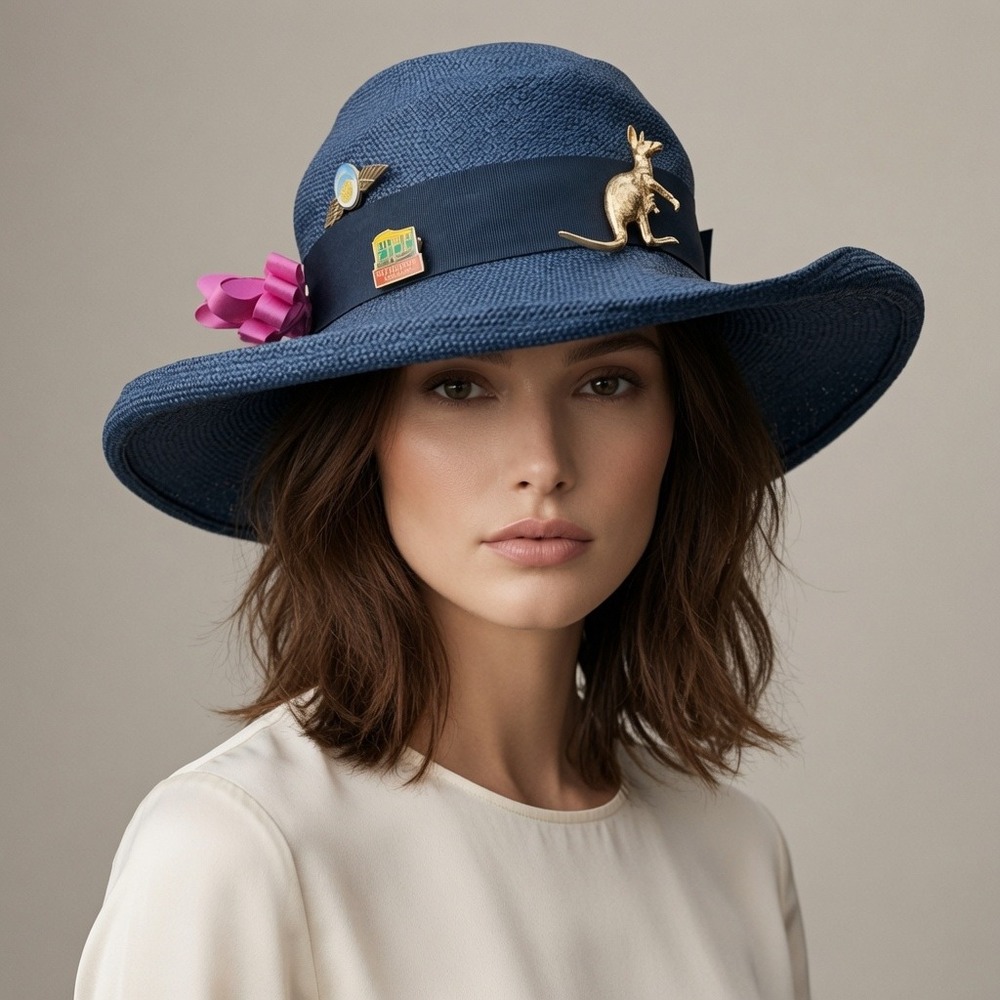 Vintage Style Blue Straw Sun Hat Wide Brim Melbourne Kangaroo Pins Pink Bow